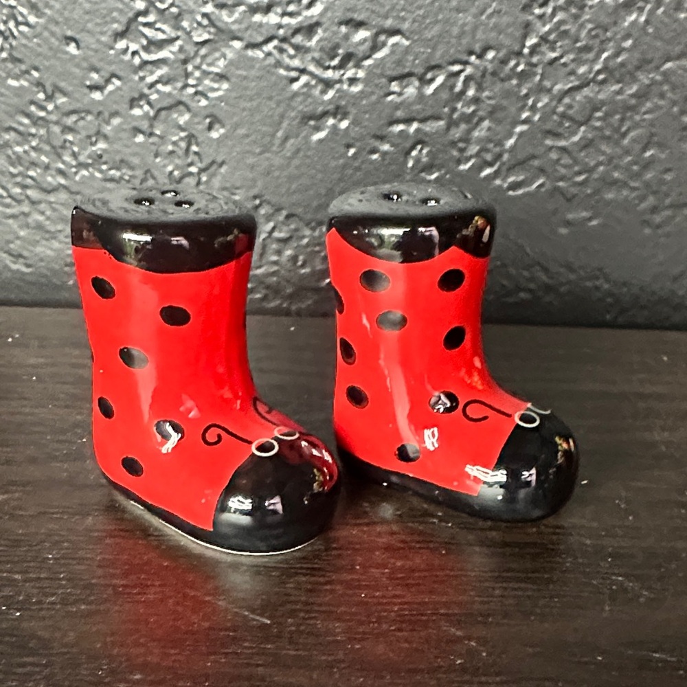 Red and Black Ladybug Boot Salt and Pepper Shakers